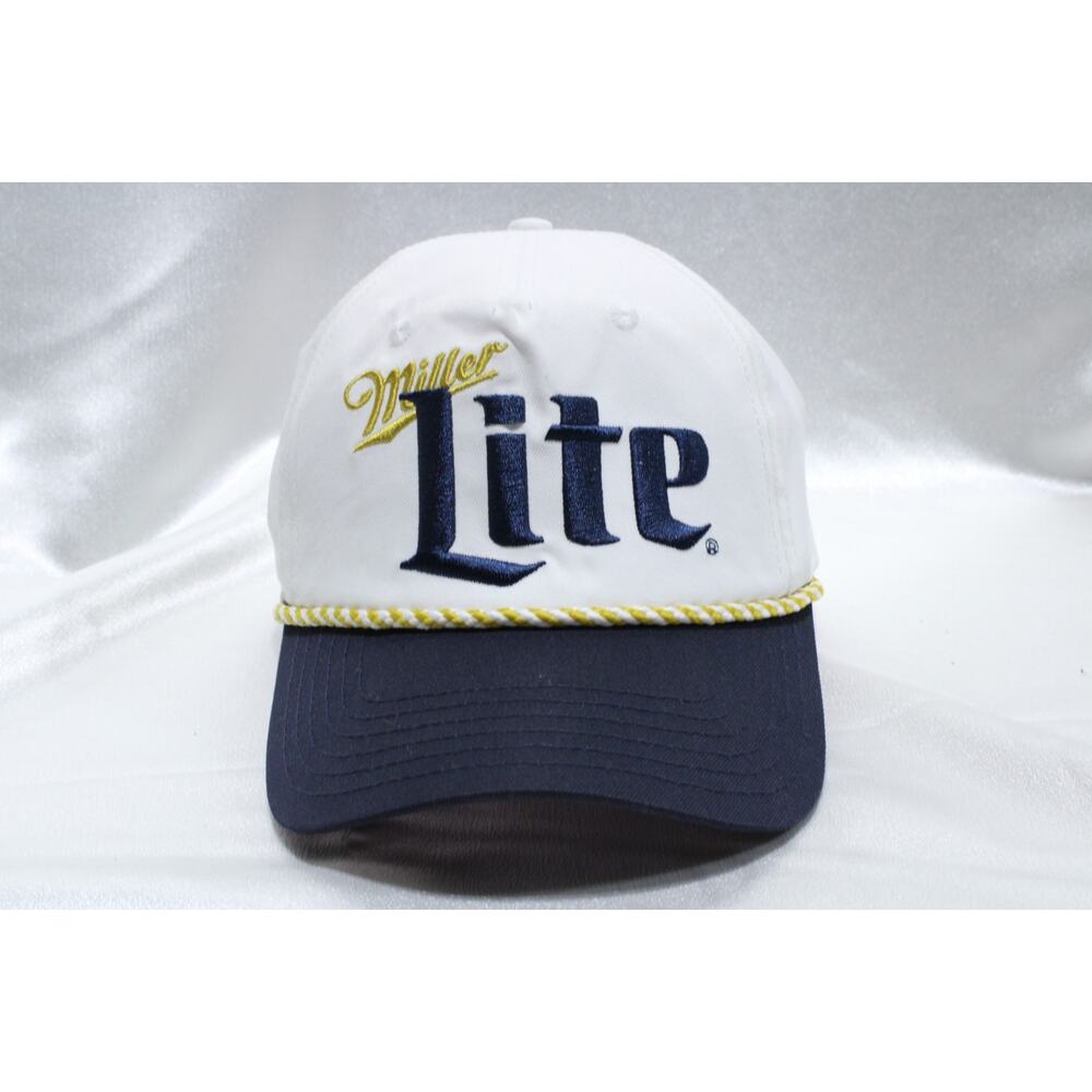 MILLER LITE Beer Logo Snapback Hat Mens One Size White Navy Rope Trim NEW